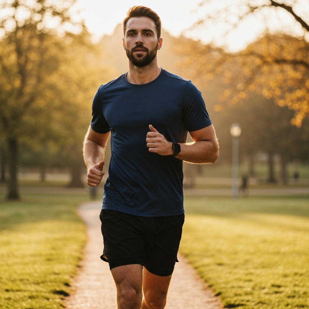 Мушкарац трчи у парку у јутарњој светлости, симбол активног живота и физичке активности