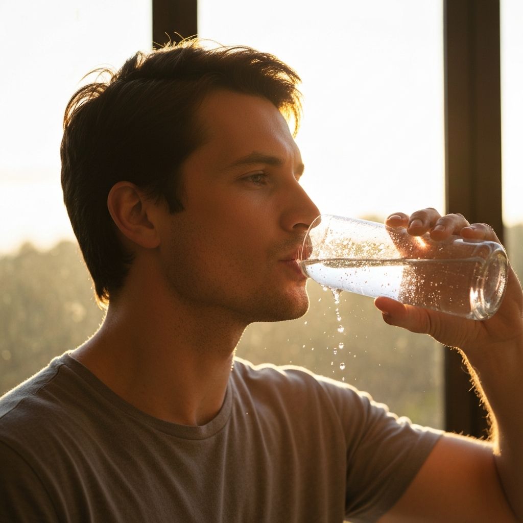 Мушкарац пије чисту воду у сунчаном окружењу, симбол правилне хидратације